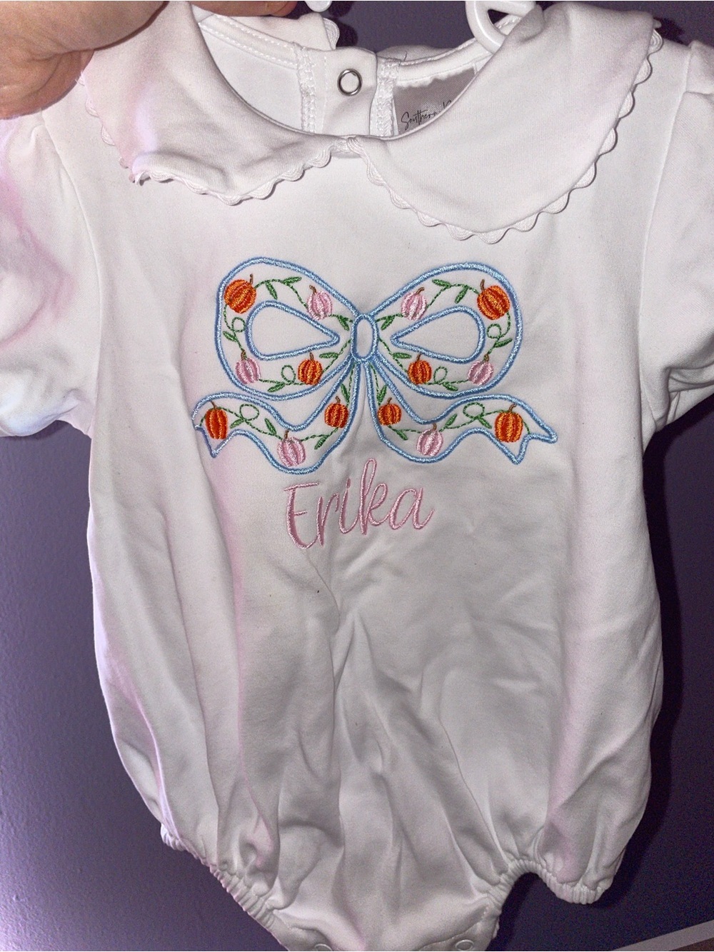 Southern Proper White Baby Romper with Floral Bow Embroidery